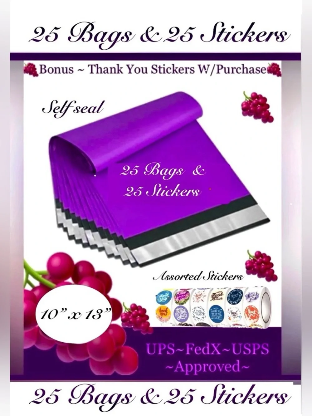 50pcs Shipping Package Kit ⭐️25-Purple Poly Mailers⭐️25-TY Stickers⭐️🆕⭐️